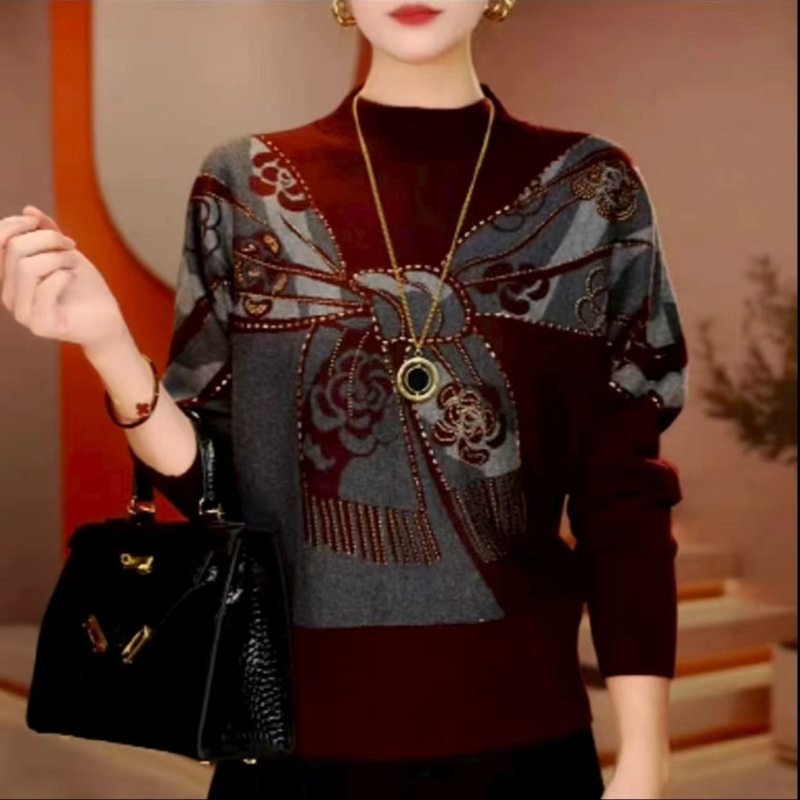 Kétoldalas bársony pulóver nőknek geometriai mintával, hosszú ujjú, középmagas hosszúságú, poliészter 90–95%