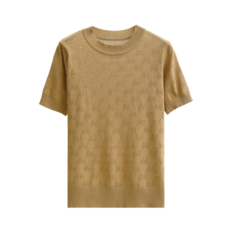 Ženski top od ice silk s kratkim rukavima, okruglim izrezom, prozračan jacquard pleteni uzorak, ležernog kroja