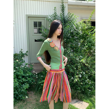 Mezgto kardigano komplektas su retro dryžine suknele — Korėjos gatvės hipster stilius, ilgos rankovės, aukštas kaklas, siauras siluetas