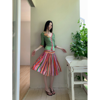 Mezgto kardigano komplektas su retro dryžine suknele — Korėjos gatvės hipster stilius, ilgos rankovės, aukštas kaklas, siauras siluetas