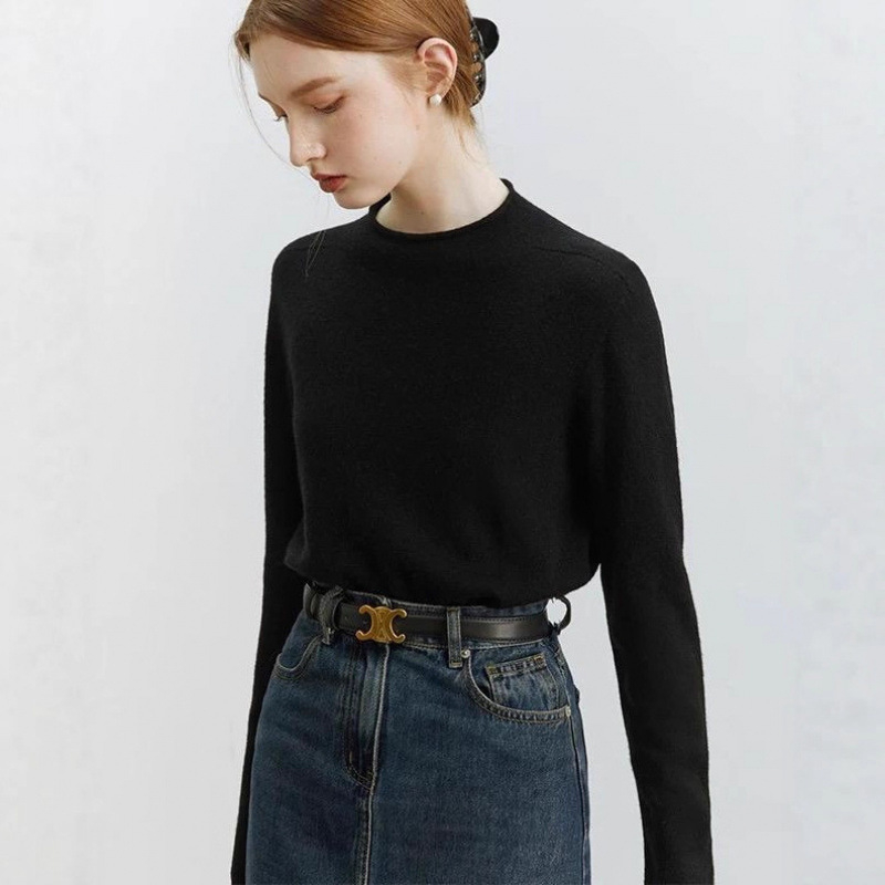 Moteriškas vilnos megztinis viršus su pusaukštos apykaklės, raglano rankovės, vienspalvis, įprastas kirpimas