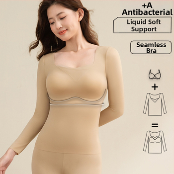Set termic subțire pentru femei, cu cupă fixă și mâneci lungi, cu tampoane pentru sân, antibacterian, elastic, păstrează cald, material nailon 68%