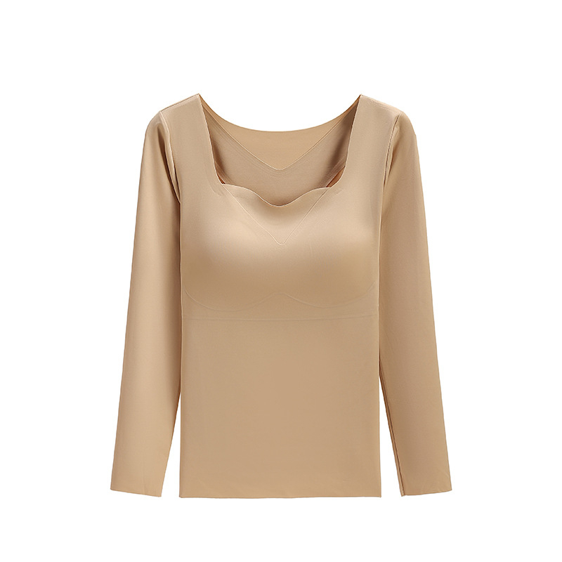 Set termic subțire pentru femei, cu cupă fixă și mâneci lungi, cu tampoane pentru sân, antibacterian, elastic, păstrează cald, material nailon 68%