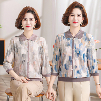 Hosszú ujjú kötött felső reveres gallérral, poliészter (90–95% tartalom), nyomott mintával, városi stílushoz