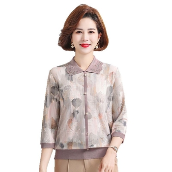 Hosszú ujjú kötött felső reveres gallérral, poliészter (90–95% tartalom), nyomott mintával, városi stílushoz