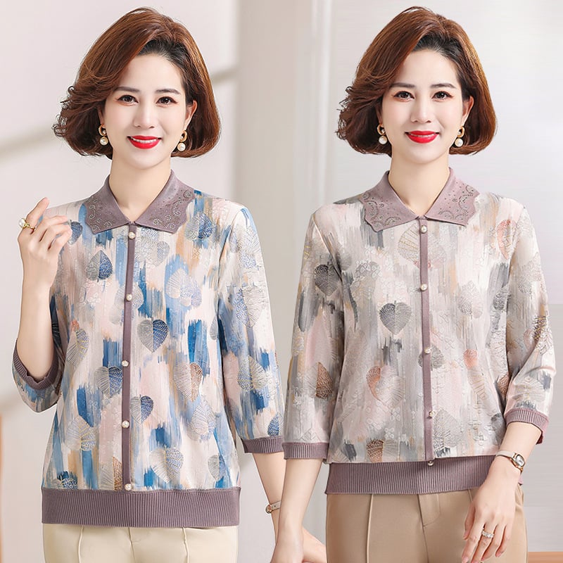 Hosszú ujjú kötött felső reveres gallérral, poliészter (90–95% tartalom), nyomott mintával, városi stílushoz