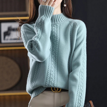 Pulover pentru femei tricotat, cu guler semi-înalt și tricot cablat, gros; Lansare: Primăvara 2025; țesătură: Tr fabric; compoziție principală: PVC ≤30%; stil: stil chinezesc, retro literar