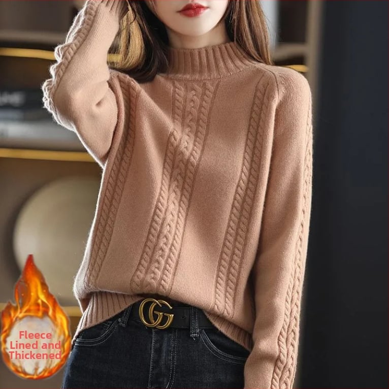 Pulover pentru femei tricotat, cu guler semi-înalt și tricot cablat, gros; Lansare: Primăvara 2025; țesătură: Tr fabric; compoziție principală: PVC ≤30%; stil: stil chinezesc, retro literar