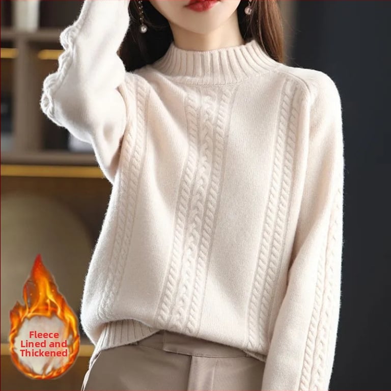Pulover pentru femei tricotat, cu guler semi-înalt și tricot cablat, gros; Lansare: Primăvara 2025; țesătură: Tr fabric; compoziție principală: PVC ≤30%; stil: stil chinezesc, retro literar