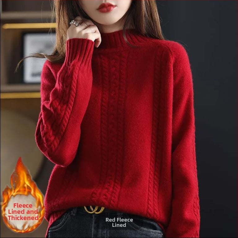 Pulover pentru femei tricotat, cu guler semi-înalt și tricot cablat, gros; Lansare: Primăvara 2025; țesătură: Tr fabric; compoziție principală: PVC ≤30%; stil: stil chinezesc, retro literar