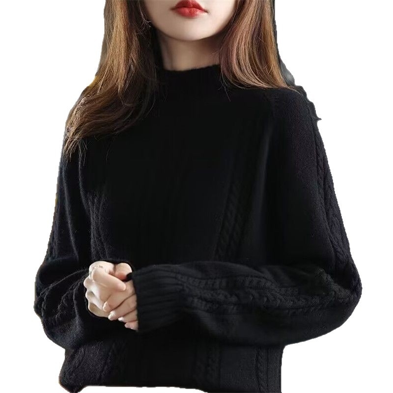 Pulover pentru femei tricotat, cu guler semi-înalt și tricot cablat, gros; Lansare: Primăvara 2025; țesătură: Tr fabric; compoziție principală: PVC ≤30%; stil: stil chinezesc, retro literar