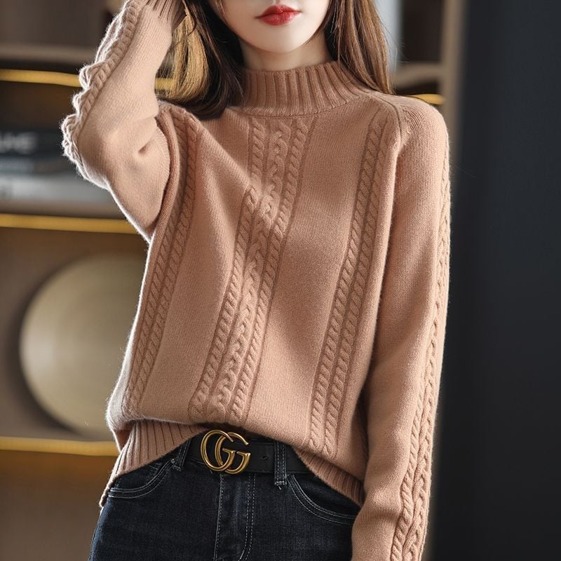 Pulover pentru femei tricotat, cu guler semi-înalt și tricot cablat, gros; Lansare: Primăvara 2025; țesătură: Tr fabric; compoziție principală: PVC ≤30%; stil: stil chinezesc, retro literar