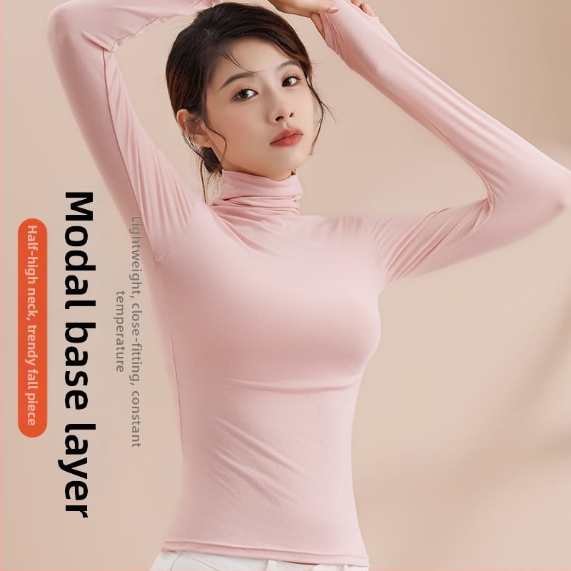 Top damă din modal cu guler înalt, pulover, mâneci lungi, slim fit, 181-200 g/m²