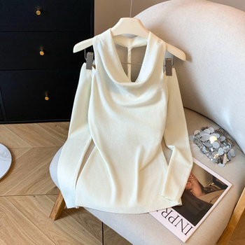 Ilgos rankovės megztinis viršūnė, aukštas kaklas, retro Hong Kong stilius, Korėjos gatvės mada, nailonas daugiau nei 95%