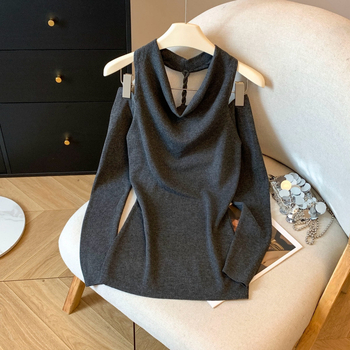 Ilgos rankovės megztinis viršūnė, aukštas kaklas, retro Hong Kong stilius, Korėjos gatvės mada, nailonas daugiau nei 95%