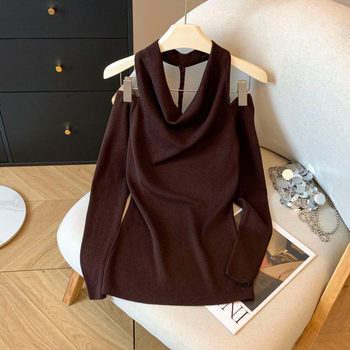 Ilgos rankovės megztinis viršūnė, aukštas kaklas, retro Hong Kong stilius, Korėjos gatvės mada, nailonas daugiau nei 95%