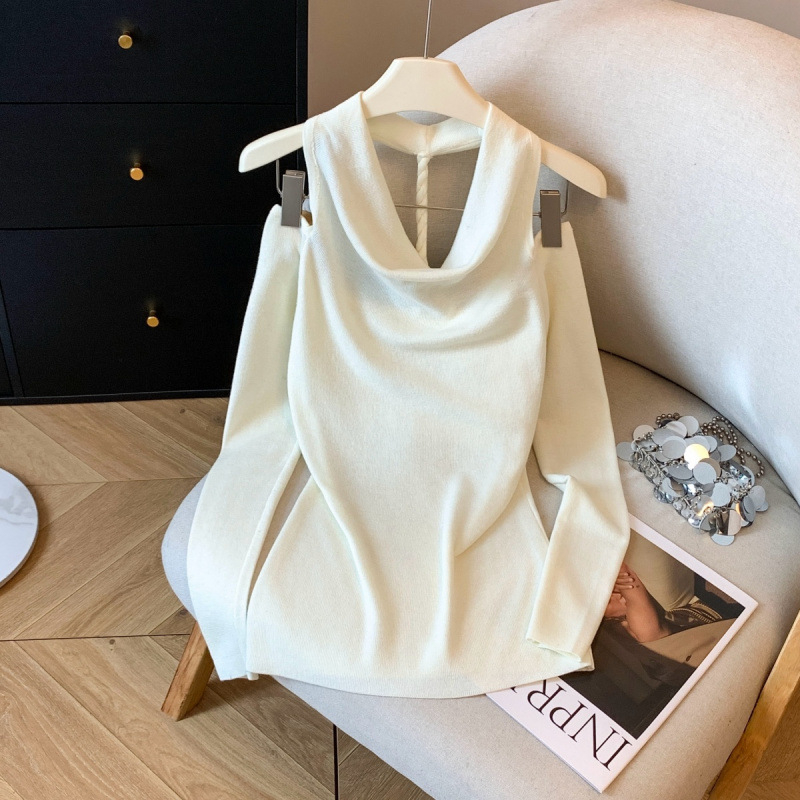 Ilgos rankovės megztinis viršūnė, aukštas kaklas, retro Hong Kong stilius, Korėjos gatvės mada, nailonas daugiau nei 95%