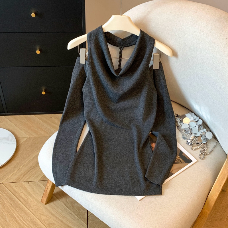 Ilgos rankovės megztinis viršūnė, aukštas kaklas, retro Hong Kong stilius, Korėjos gatvės mada, nailonas daugiau nei 95%