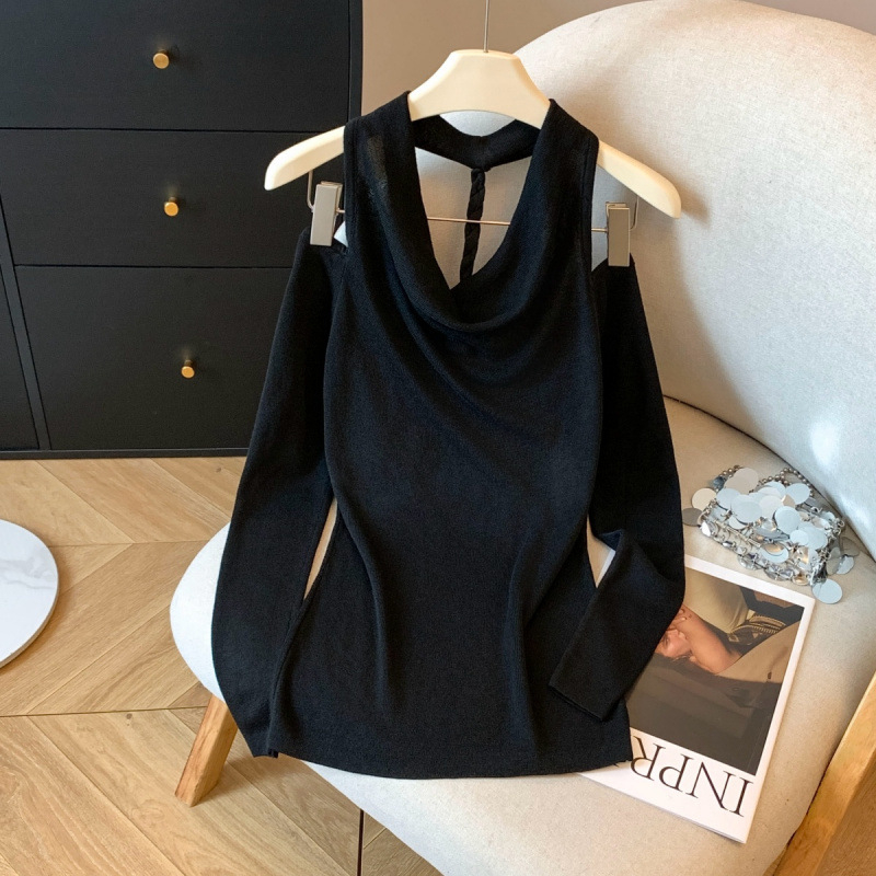 Ilgos rankovės megztinis viršūnė, aukštas kaklas, retro Hong Kong stilius, Korėjos gatvės mada, nailonas daugiau nei 95%