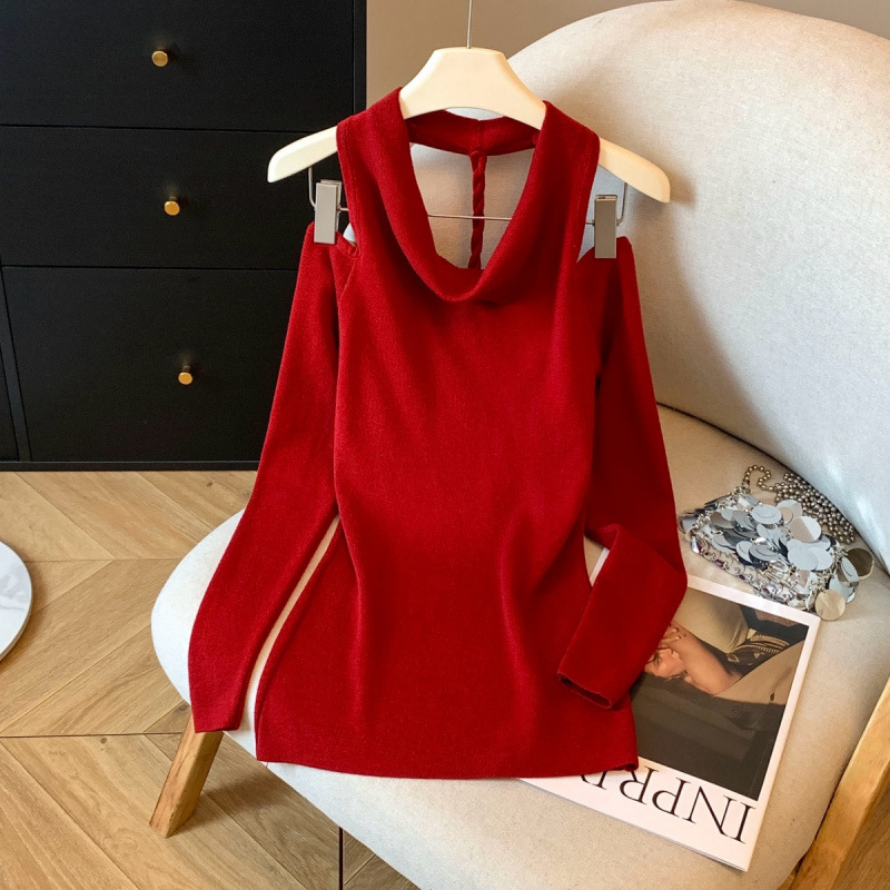 Ilgos rankovės megztinis viršūnė, aukštas kaklas, retro Hong Kong stilius, Korėjos gatvės mada, nailonas daugiau nei 95%