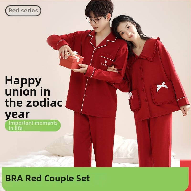 Set de pijamale pentru cupluri din bumbac tricotat - decolteu în V, mâneci lungi, pantaloni, greutate medie, confort de toamnă