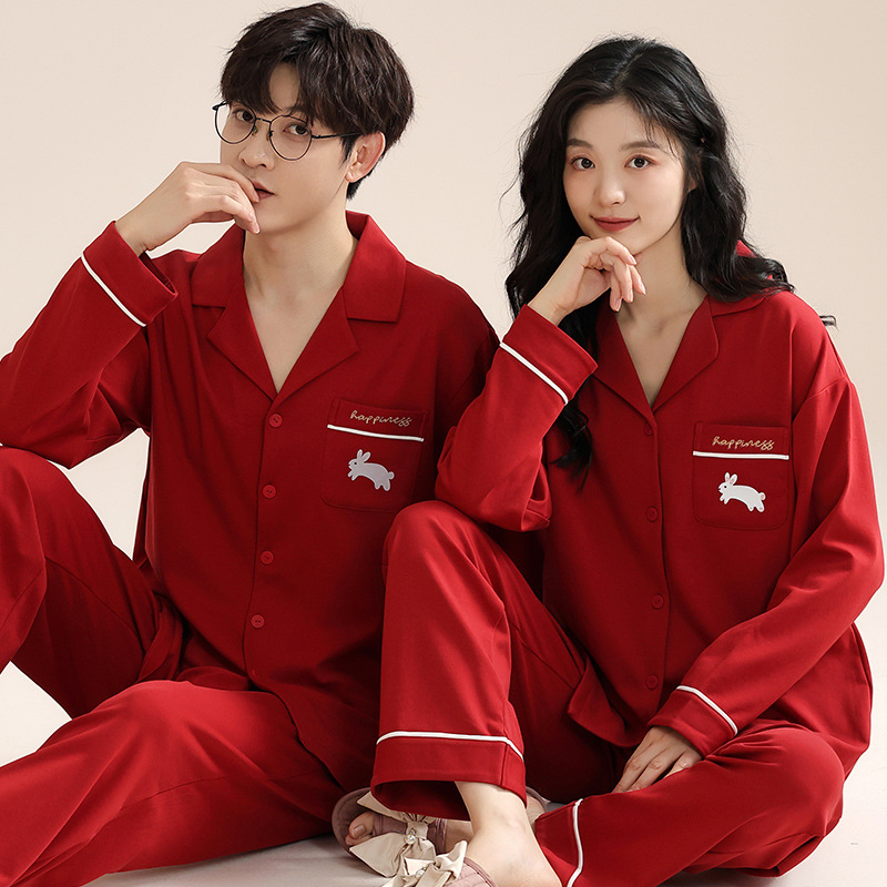 Set de pijamale pentru cupluri din bumbac tricotat - decolteu în V, mâneci lungi, pantaloni, greutate medie, confort de toamnă