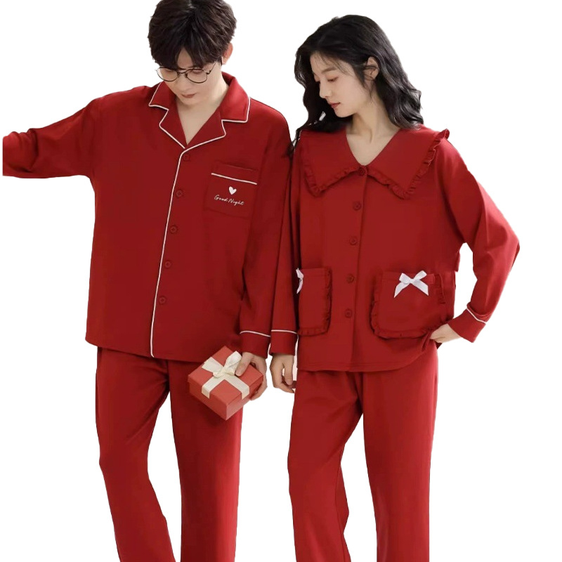 Set de pijamale pentru cupluri din bumbac tricotat - decolteu în V, mâneci lungi, pantaloni, greutate medie, confort de toamnă