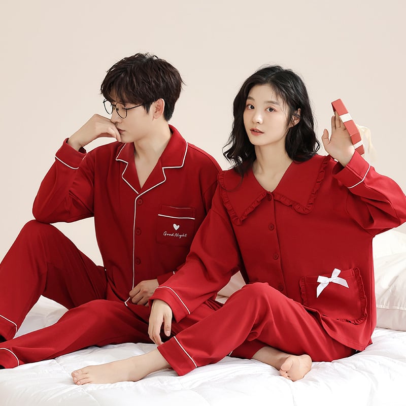 Set de pijamale pentru cupluri din bumbac tricotat - decolteu în V, mâneci lungi, pantaloni, greutate medie, confort de toamnă