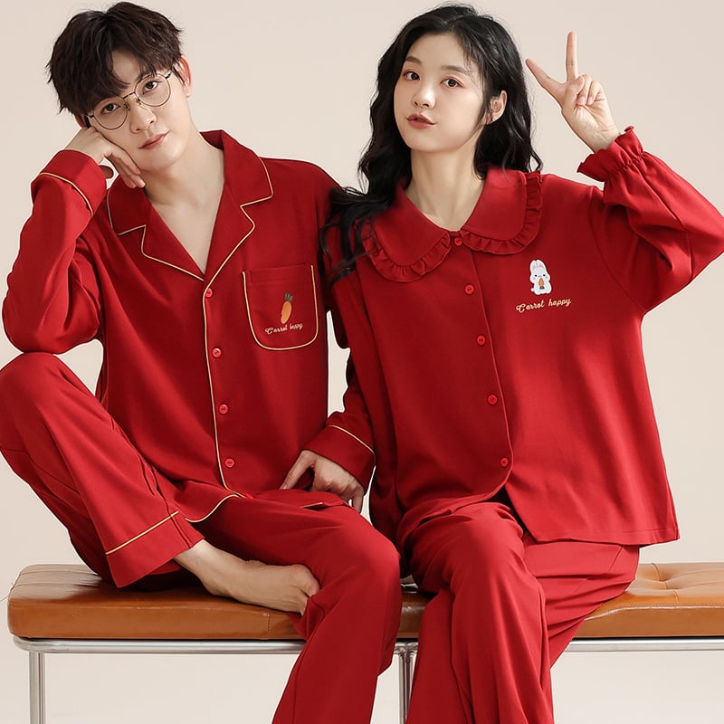 Set de pijamale pentru cupluri din bumbac tricotat - decolteu în V, mâneci lungi, pantaloni, greutate medie, confort de toamnă