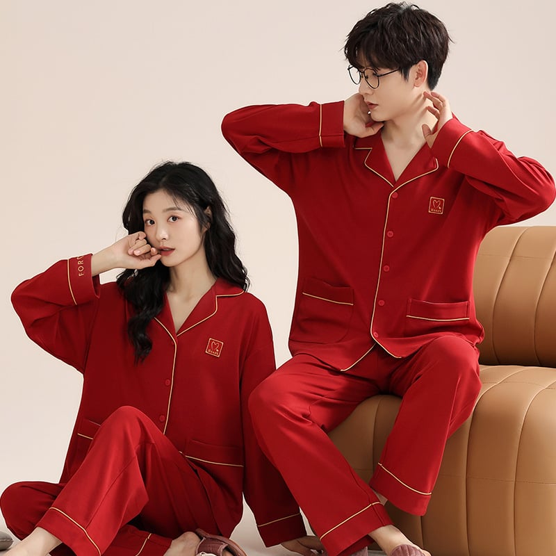 Set de pijamale pentru cupluri din bumbac tricotat - decolteu în V, mâneci lungi, pantaloni, greutate medie, confort de toamnă