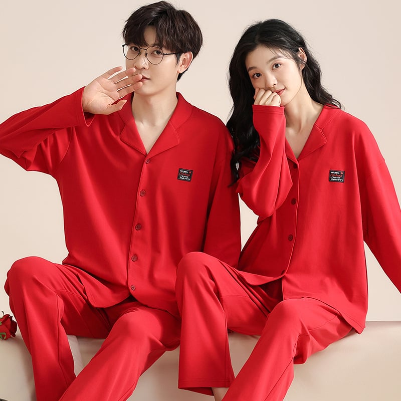 Set de pijamale pentru cupluri din bumbac tricotat - decolteu în V, mâneci lungi, pantaloni, greutate medie, confort de toamnă