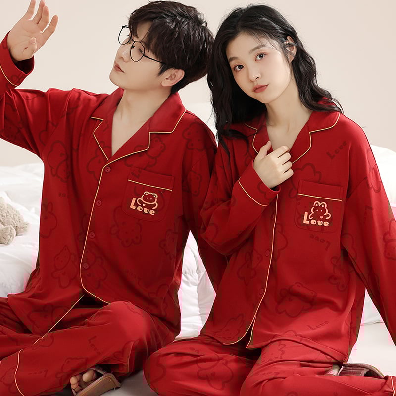 Set de pijamale pentru cupluri din bumbac tricotat - decolteu în V, mâneci lungi, pantaloni, greutate medie, confort de toamnă