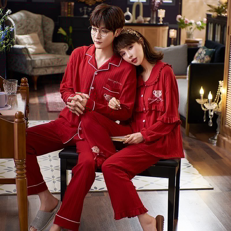 Set de pijamale pentru cupluri din bumbac tricotat - decolteu în V, mâneci lungi, pantaloni, greutate medie, confort de toamnă