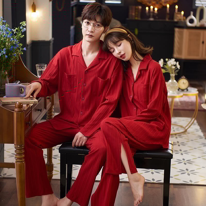 Set de pijamale pentru cupluri din bumbac tricotat - decolteu în V, mâneci lungi, pantaloni, greutate medie, confort de toamnă