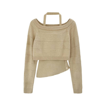 Moteriški dviejų dalių megztinis komplektas su halterio kaklu ir vienu pečiu — Poliesteris >95%, ilgomis rankovėmis, kvadrato kaklo, ilgis 50–65 cm, vienos spalvos