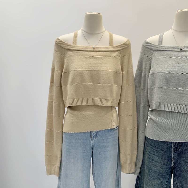 Moteriški dviejų dalių megztinis komplektas su halterio kaklu ir vienu pečiu — Poliesteris >95%, ilgomis rankovėmis, kvadrato kaklo, ilgis 50–65 cm, vienos spalvos