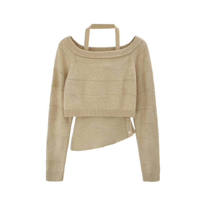 Moteriški dviejų dalių megztinis komplektas su halterio kaklu ir vienu pečiu — Poliesteris >95%, ilgomis rankovėmis, kvadrato kaklo, ilgis 50–65 cm, vienos spalvos