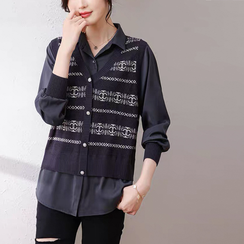 Женска трикотажна риза с поло яка, три четвърти ръкави, принцес ръкави, прав силует, обикновен стил (50–65 см), основен плат: спандекс >95%