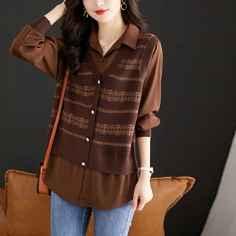 Женска трикотажна риза с поло яка, три четвърти ръкави, принцес ръкави, прав силует, обикновен стил (50–65 см), основен плат: спандекс >95%