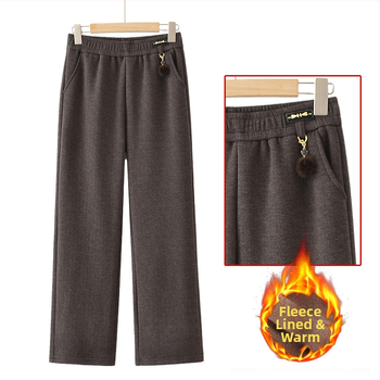 Pantaloni femei iarnă 2025, croială dreaptă, căptușiți cu fleece, talie elastică, poliester 90–95%