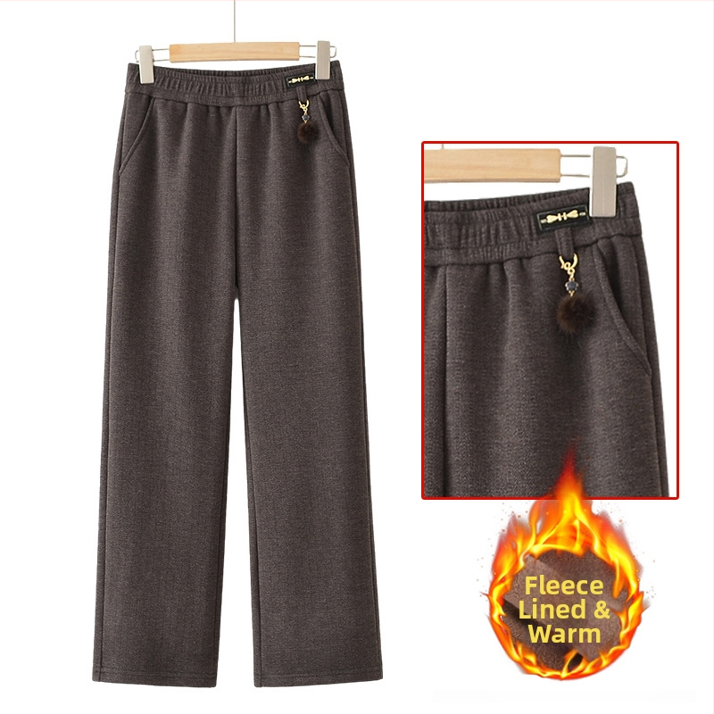 Pantaloni femei iarnă 2025, croială dreaptă, căptușiți cu fleece, talie elastică, poliester 90–95%