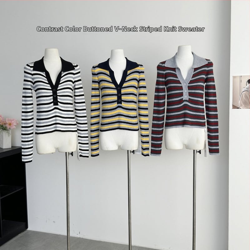 Раиран плетен пуловер – висока яка, копчета, слим фит, полиестер над 95%