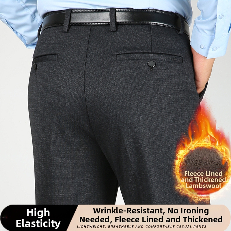 Ανδρικοί χειμωνιάτικοι παντελόνες με επένδυση φλίς, ίσιο παντελόνι, υψηλή μέση, ελαστικό ύφασμα, χωρίς σιδέρωμα, ανθεκτικά στην φθορά
