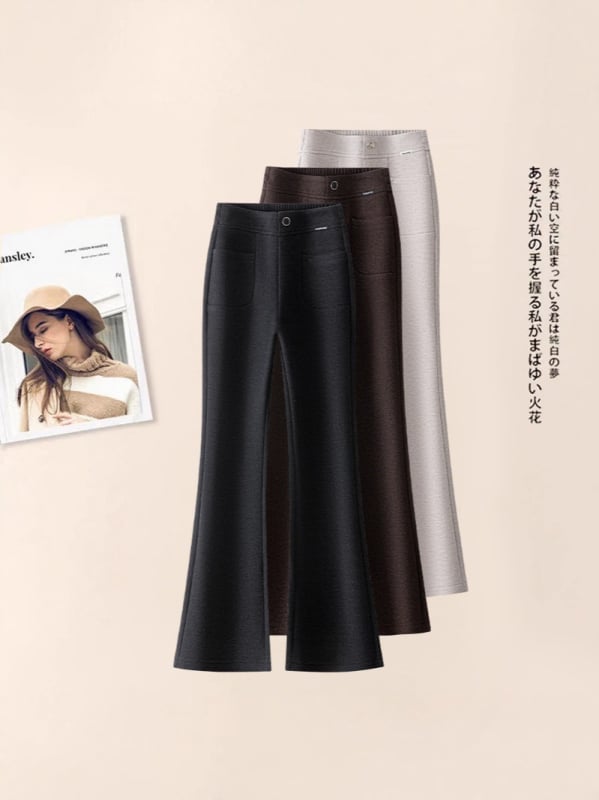 Ženske hlače od vunene smjese, visokim strukom, debeli materijal, šire prema dolje (bootcut), elegantan gradski stil