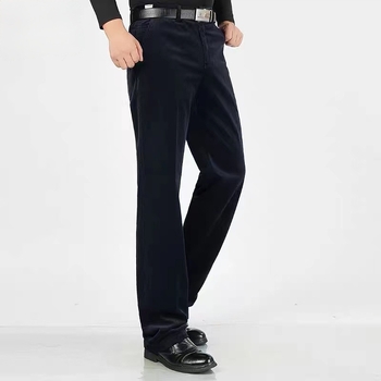 Corduroy muške hlače, visok pojas, opušteni ravni kroj, zimske casual hlače za muškarce srednje dobi, s kaišem