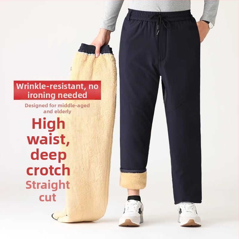 Зимни мъжки панталони за бизнес ежедневие, с флисово подплата, висок талия, прав крак, цип, полиестер