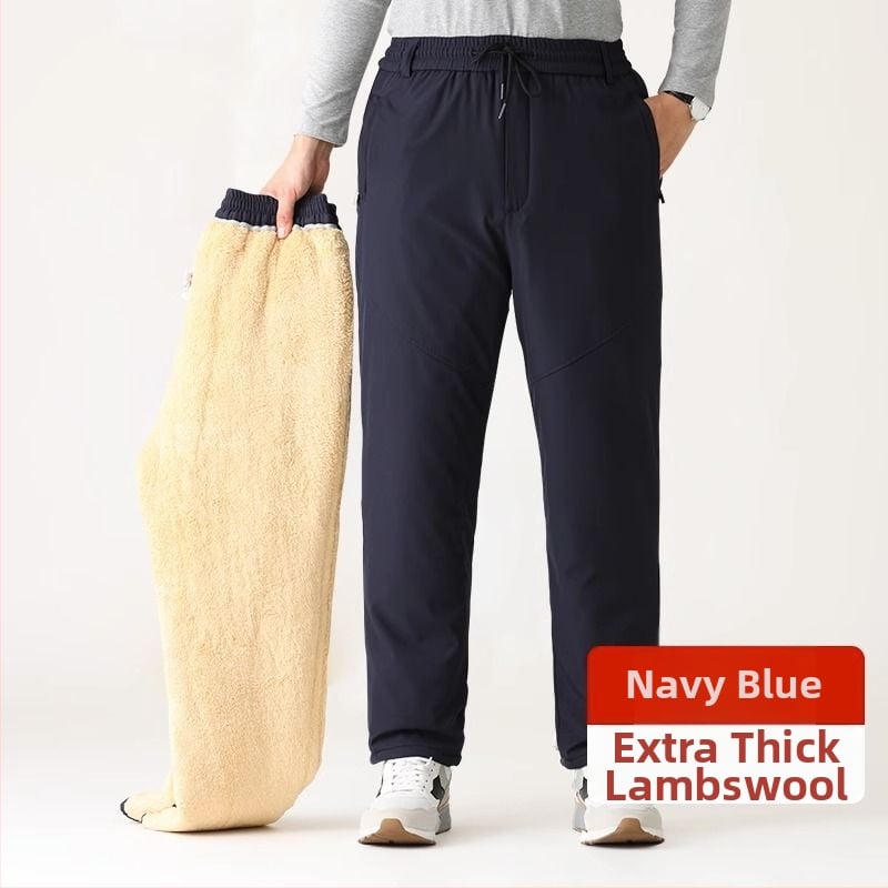 Зимни мъжки панталони за бизнес ежедневие, с флисово подплата, висок талия, прав крак, цип, полиестер