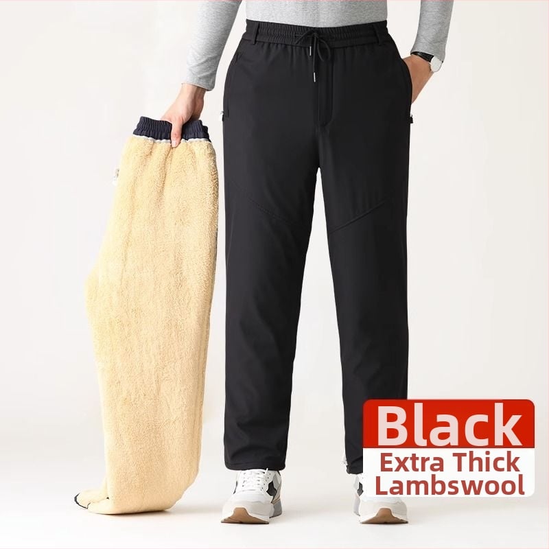 Зимни мъжки панталони за бизнес ежедневие, с флисово подплата, висок талия, прав крак, цип, полиестер