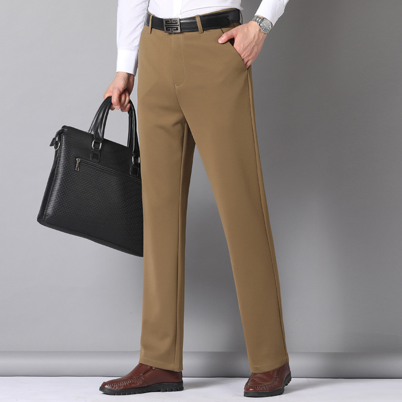 Ανδρικές παντελόνες business casual με ίσιο κόψιμο, υψηλή μέση, ελαστικό παχύ ύφασμα, φερμουάρ, χωρίς σιδέρωμα, μονόχρωμες, για εργασία
