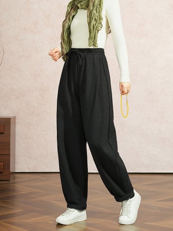 Casual zimske hlače od ramie-bavane, fleece podstava, široki model bloomersa, visok pas, debeli materijal